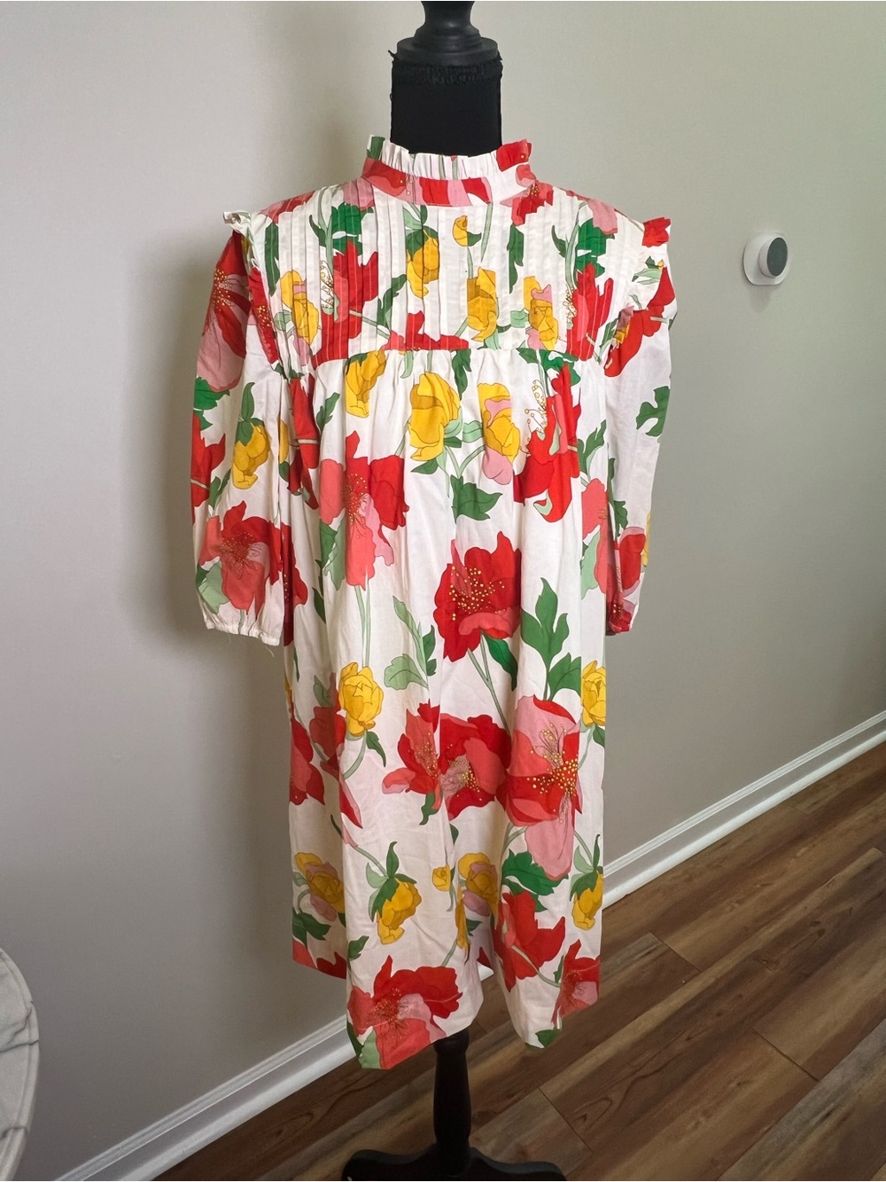 TCEC Floral Ruffle Neck Dress - White with Red, Yellow & Green. Worn once.